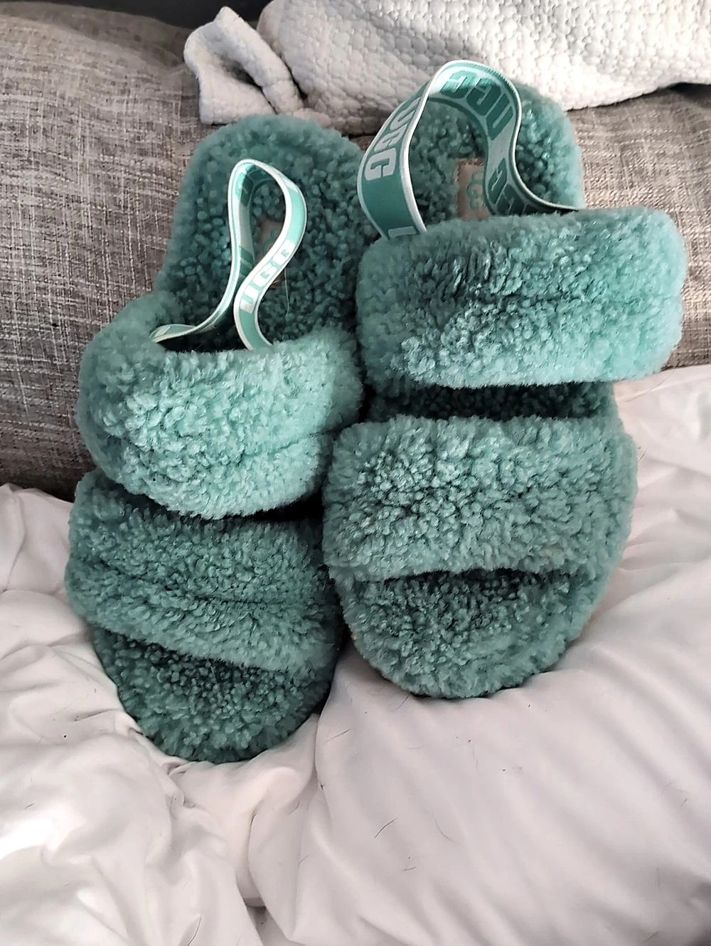 UGG Fluff Yeah Slide Blue Green Plush Slippers